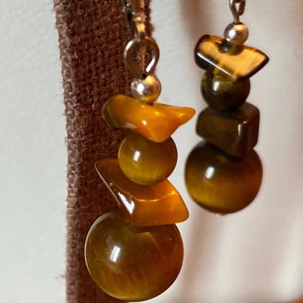 Tigers Eye Cats Eye Dangle Earrings - Picture 7 of 8